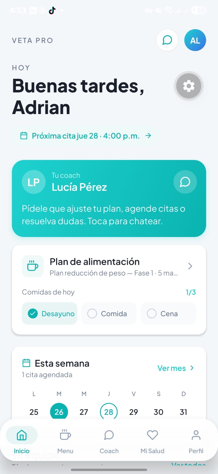 Pantalla principal de la app VetaPro mostrando el saludo del Wellness Coach, el menú del día y las próximas citas