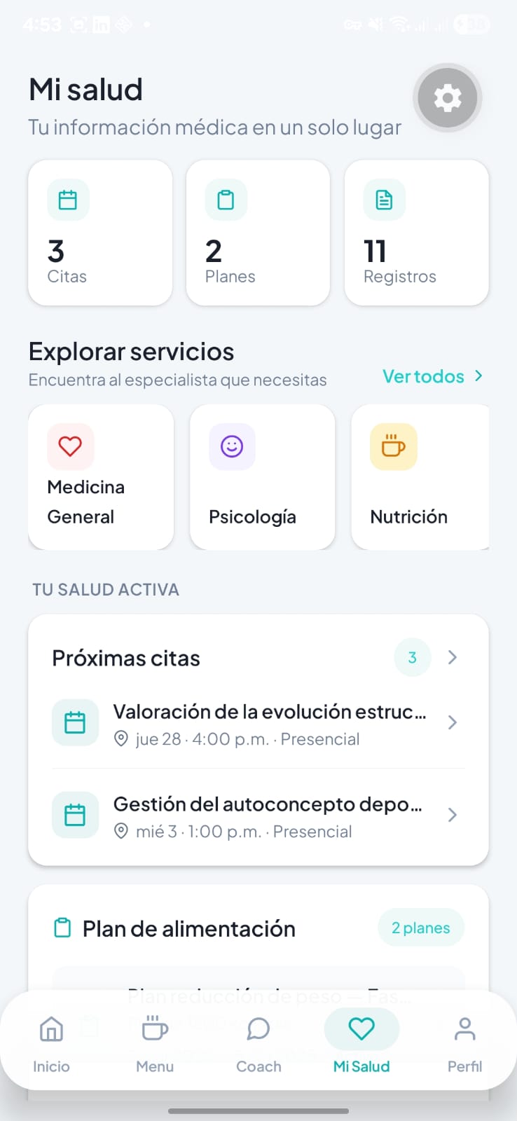 Pantalla Mi Salud con accesos a agendar cita médica, servicios disponibles y planes de alimentación