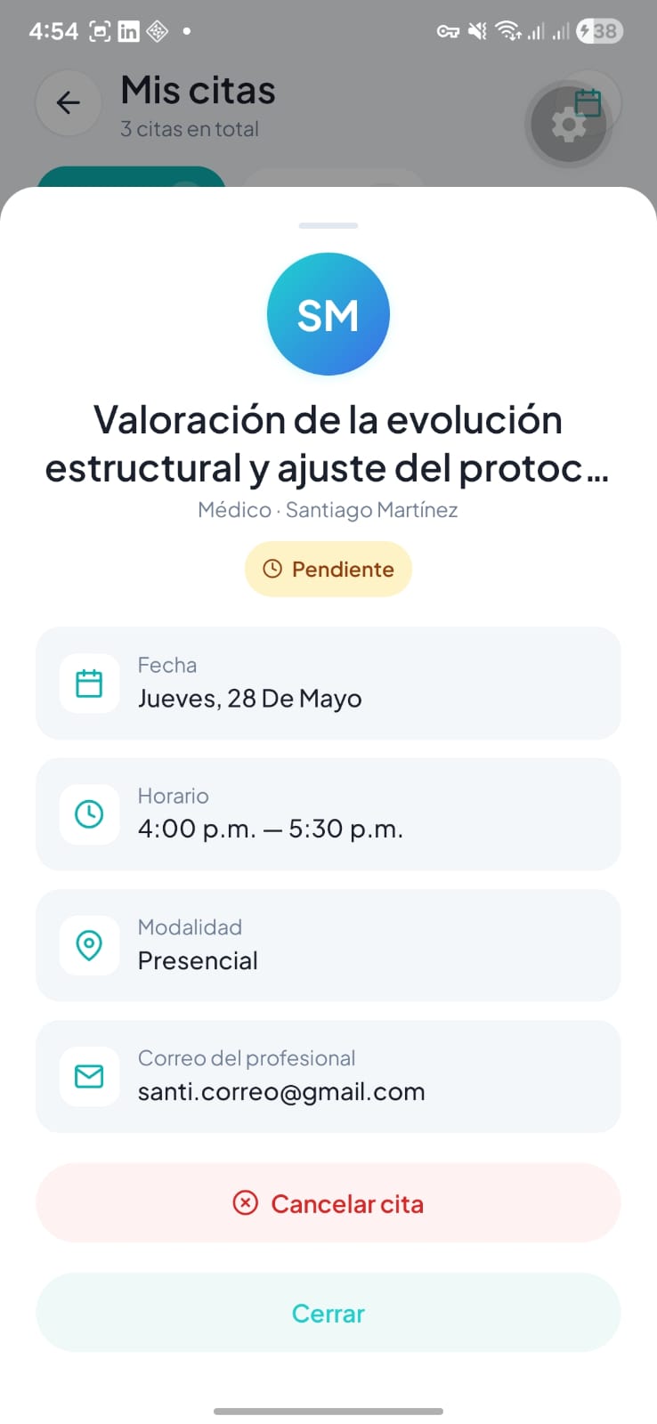 Detalle de una cita médica con datos del especialista, horario, modalidad y estado