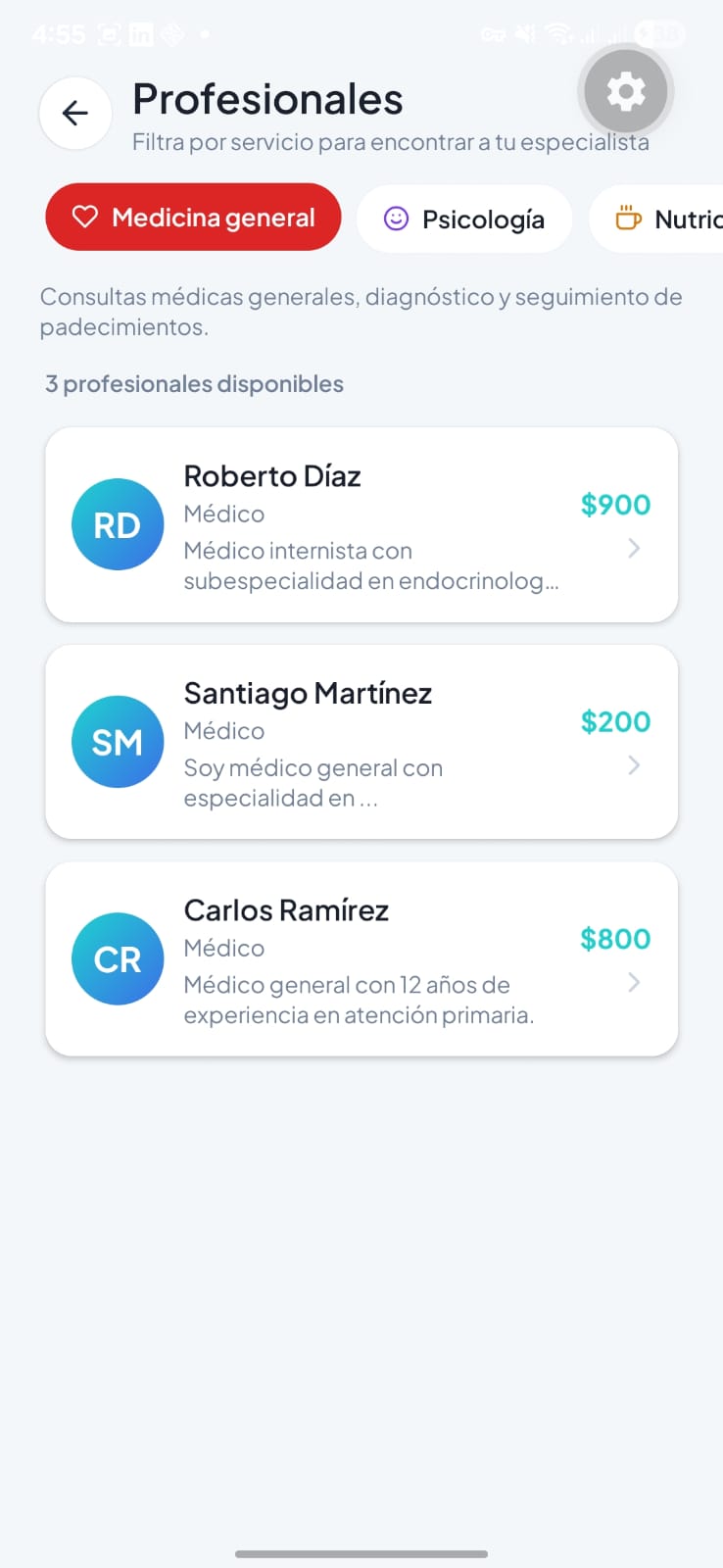 Listado de profesionales de medicina general disponibles con datos de contacto