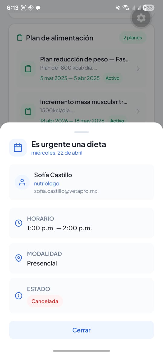 Detalle de una cita médica con datos del especialista, horario, modalidad y estado