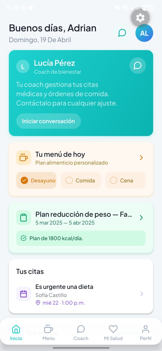 Pantalla principal de la app Veta Pro mostrando el saludo del Wellness Coach, el menú del día y las próximas citas