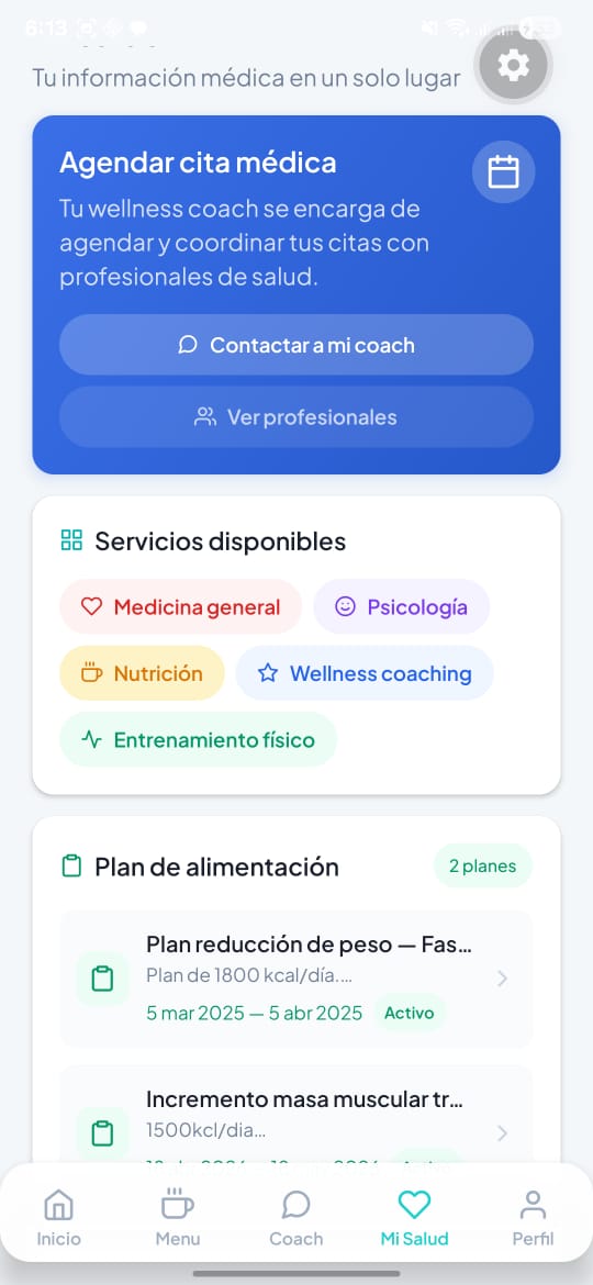 Pantalla Mi Salud con accesos a agendar cita médica, servicios disponibles y planes de alimentación