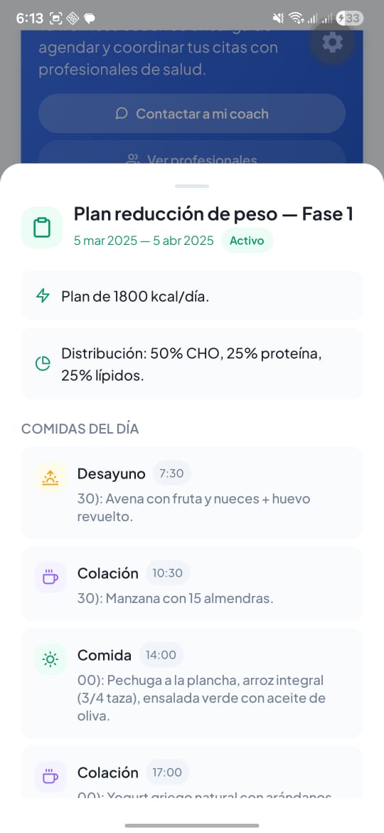Detalle de un plan nutricional Fase 1 con desglose de calorías, macros y comidas del día