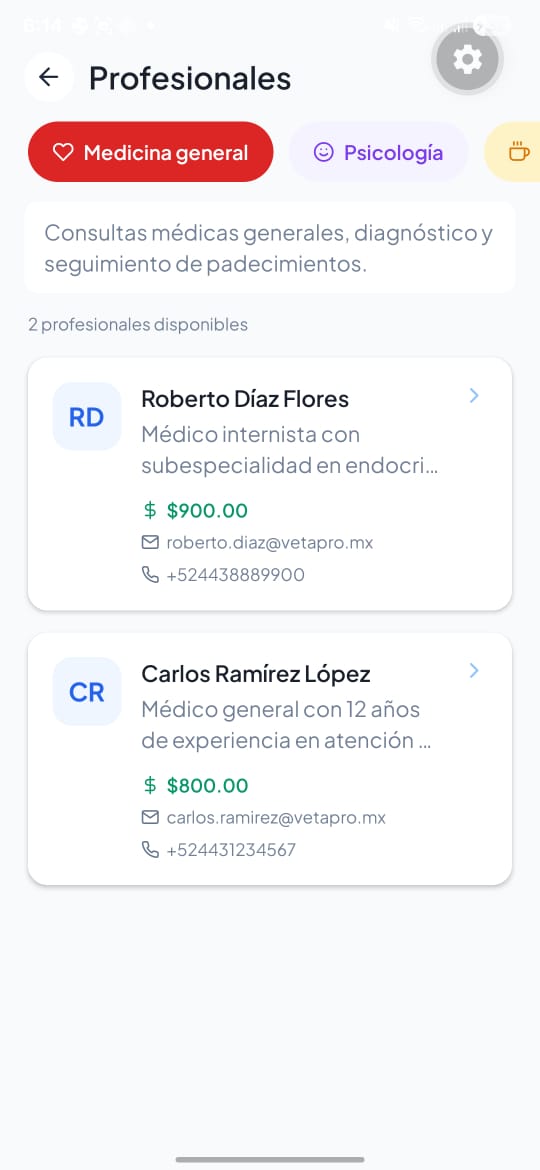 Listado de profesionales de medicina general disponibles con datos de contacto