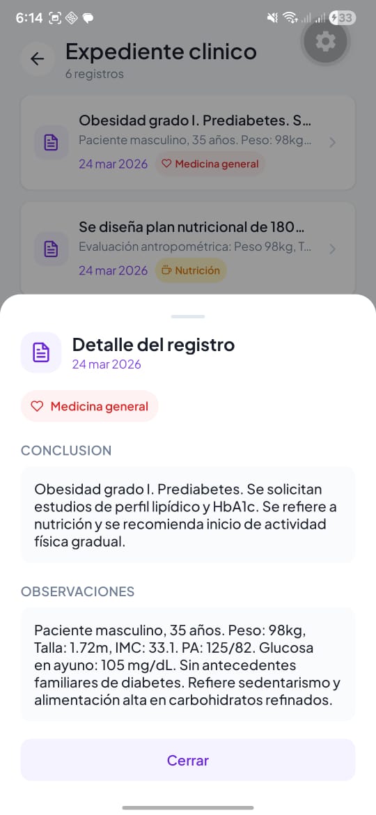 Detalle de un registro clínico con conclusiones y observaciones del médico general